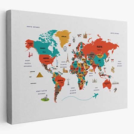 Ülke Başkentli Sembollü Eğitici Türkçe Dünya Haritası Dekoratif Kanvas Tablo, Duvar Dekoru 2290