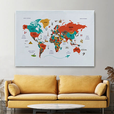 Ülke Başkentli Sembollü Eğitici Türkçe Dünya Haritası Dekoratif Kanvas Tablo, Duvar Dekoru 2290