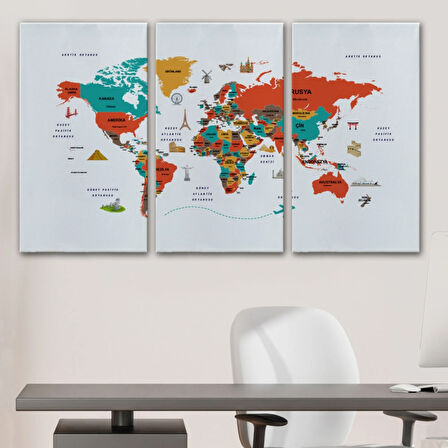 Ülke Başkentli Sembollü Eğitici Türkçe Dünya Haritası Dekoratif Kanvas Tablo, Duvar Dekoru 2290