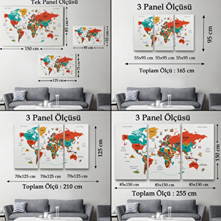 Ülke Başkentli Sembollü Eğitici Türkçe Dünya Haritası Dekoratif Kanvas Tablo, Duvar Dekoru 2290