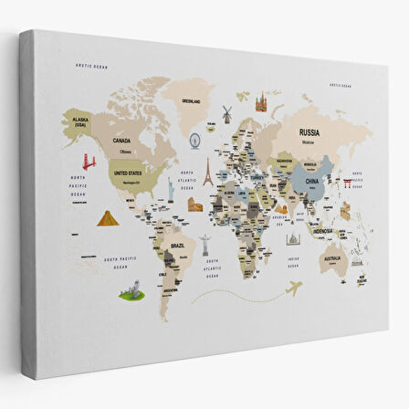 Ülke Başkent Sembollü Eğitici İngilizce Dünya Haritası Dekoratif Kanvas Tablo, Duvar Dekoru 2301