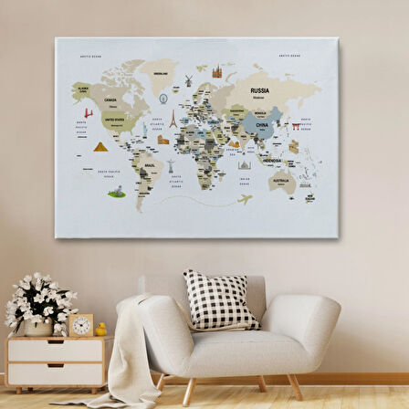 Ülke Başkent Sembollü Eğitici İngilizce Dünya Haritası Dekoratif Kanvas Tablo, Duvar Dekoru 2301