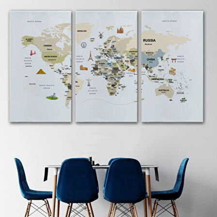 Ülke Başkent Sembollü Eğitici İngilizce Dünya Haritası Dekoratif Kanvas Tablo, Duvar Dekoru 2301