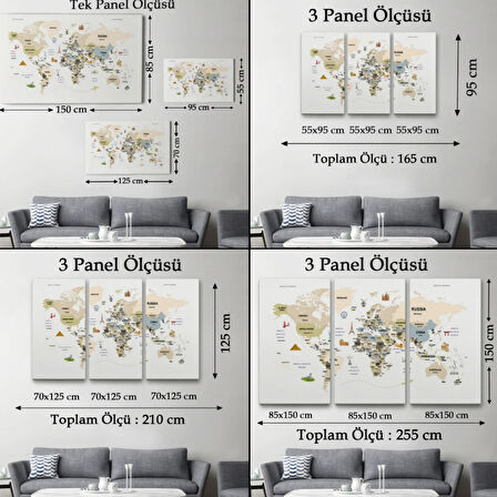 Ülke Başkent Sembollü Eğitici İngilizce Dünya Haritası Dekoratif Kanvas Tablo, Duvar Dekoru 2301