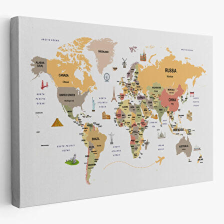 Ülke Başkent Sembollü Eğitici İngilizce Dünya Haritası Dekoratif Kanvas Tablo, Duvar Dekoru 2303