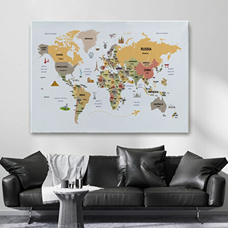 Ülke Başkent Sembollü Eğitici İngilizce Dünya Haritası Dekoratif Kanvas Tablo, Duvar Dekoru 2303