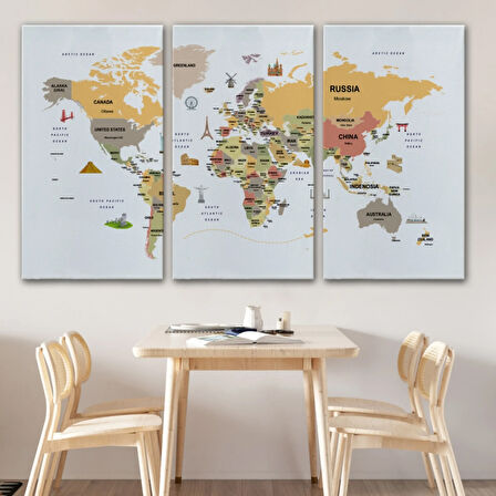 Ülke Başkent Sembollü Eğitici İngilizce Dünya Haritası Dekoratif Kanvas Tablo, Duvar Dekoru 2303