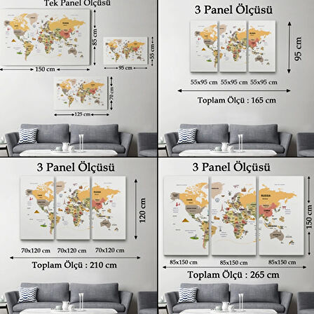 Ülke Başkent Sembollü Eğitici İngilizce Dünya Haritası Dekoratif Kanvas Tablo, Duvar Dekoru 2303