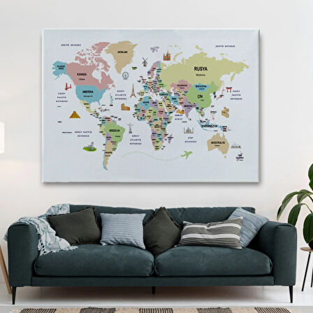 Ülke Başkent Sembollü Eğitici Türkçe Dünya Haritası Dekoratif Kanvas Tablo, Duvar Dekoru 2306