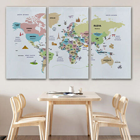 Ülke Başkent Sembollü Eğitici Türkçe Dünya Haritası Dekoratif Kanvas Tablo, Duvar Dekoru 2306