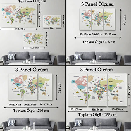 Ülke Başkent Sembollü Eğitici Türkçe Dünya Haritası Dekoratif Kanvas Tablo, Duvar Dekoru 2306