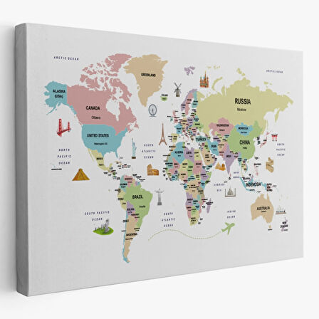 Ülke Başkent Sembollü Eğitici İngilizce Dünya Haritası Dekoratif Kanvas Tablo, Duvar Dekoru 2307