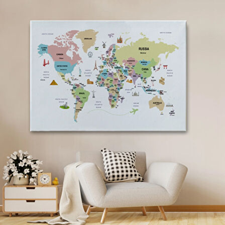 Ülke Başkent Sembollü Eğitici İngilizce Dünya Haritası Dekoratif Kanvas Tablo, Duvar Dekoru 2307