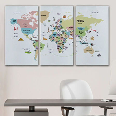 Ülke Başkent Sembollü Eğitici İngilizce Dünya Haritası Dekoratif Kanvas Tablo, Duvar Dekoru 2307