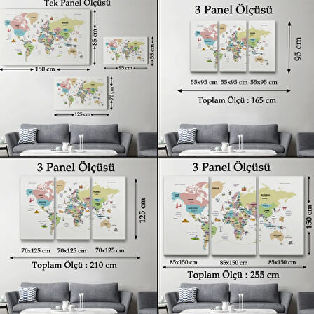 Ülke Başkent Sembollü Eğitici İngilizce Dünya Haritası Dekoratif Kanvas Tablo, Duvar Dekoru 2307