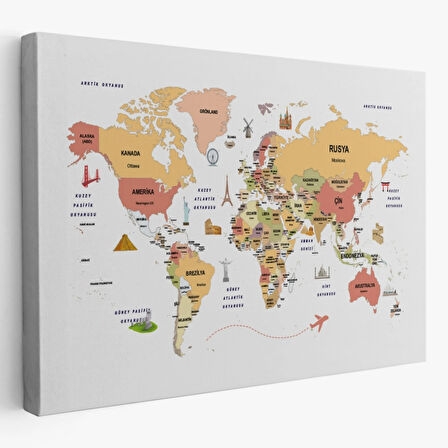 Ülke Başkent Sembollü Eğitici Türkçe Dünya Haritası Dekoratif Kanvas Tablo, Duvar Dekoru 2308