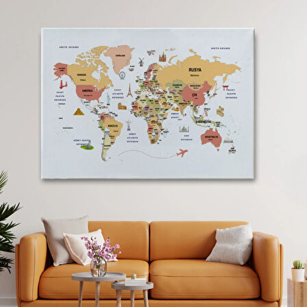 Ülke Başkent Sembollü Eğitici Türkçe Dünya Haritası Dekoratif Kanvas Tablo, Duvar Dekoru 2308