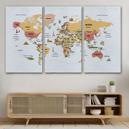 Ülke Başkent Sembollü Eğitici Türkçe Dünya Haritası Dekoratif Kanvas Tablo, Duvar Dekoru 2308