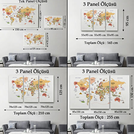 Ülke Başkent Sembollü Eğitici Türkçe Dünya Haritası Dekoratif Kanvas Tablo, Duvar Dekoru 2308