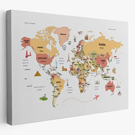 Ülke Başkent Sembollü Eğitici İngilizce Dünya Haritası Dekoratif Kanvas Tablo, Duvar Dekoru 2309