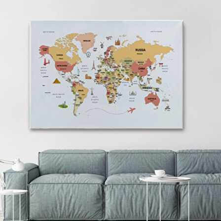 Ülke Başkent Sembollü Eğitici İngilizce Dünya Haritası Dekoratif Kanvas Tablo, Duvar Dekoru 2309