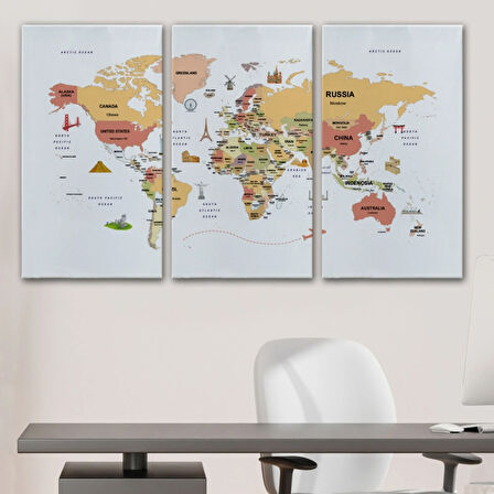 Ülke Başkent Sembollü Eğitici İngilizce Dünya Haritası Dekoratif Kanvas Tablo, Duvar Dekoru 2309