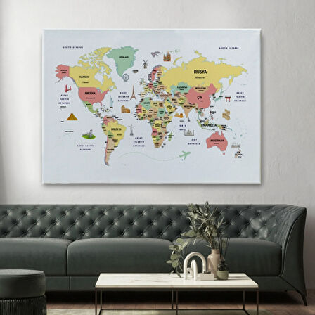 Ülke Başkent Sembollü Eğitici Türkçe Dünya Haritası Dekoratif Kanvas Tablo, Duvar Dekoru 2312