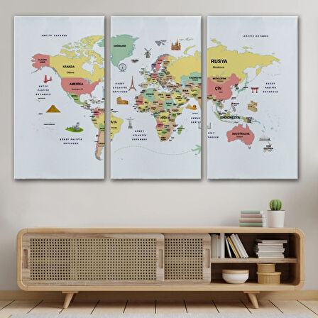 Ülke Başkent Sembollü Eğitici Türkçe Dünya Haritası Dekoratif Kanvas Tablo, Duvar Dekoru 2312