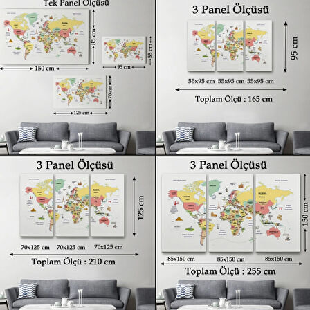 Ülke Başkent Sembollü Eğitici Türkçe Dünya Haritası Dekoratif Kanvas Tablo, Duvar Dekoru 2312