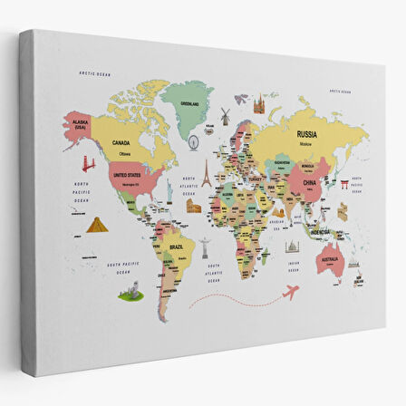 Ülke Başkent Sembollü Eğitici İngilizce Dünya Haritası Dekoratif Kanvas Tablo, Duvar Dekoru 2313