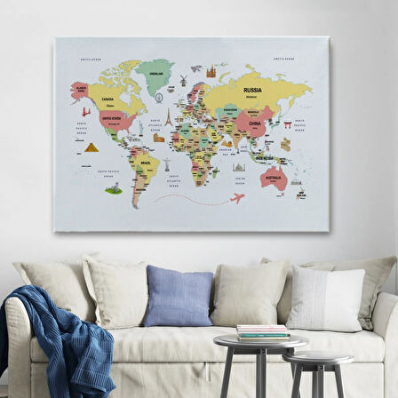 Ülke Başkent Sembollü Eğitici İngilizce Dünya Haritası Dekoratif Kanvas Tablo, Duvar Dekoru 2313