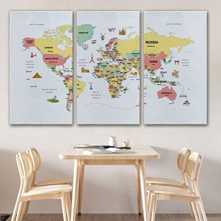 Ülke Başkent Sembollü Eğitici İngilizce Dünya Haritası Dekoratif Kanvas Tablo, Duvar Dekoru 2313