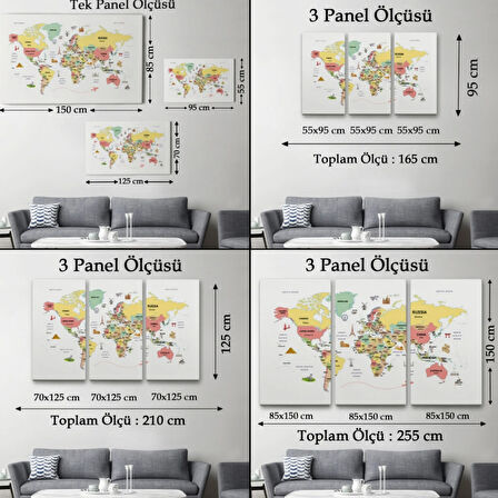 Ülke Başkent Sembollü Eğitici İngilizce Dünya Haritası Dekoratif Kanvas Tablo, Duvar Dekoru 2313