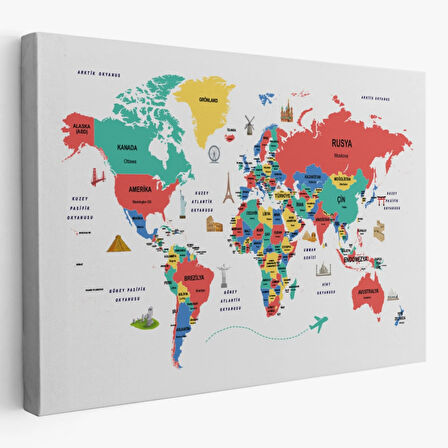 Ülke Başkent Sembollü Eğitici Türkçe Dünya Haritası Dekoratif Kanvas Tablo, Duvar Dekoru 2314