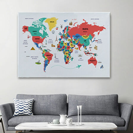 Ülke Başkent Sembollü Eğitici Türkçe Dünya Haritası Dekoratif Kanvas Tablo, Duvar Dekoru 2314