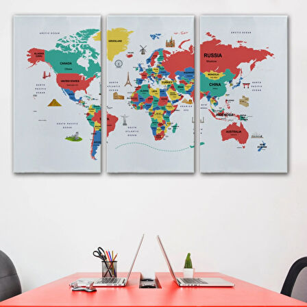 Ülke Başkent Sembollü Eğitici İngilizce Dünya Haritası Dekoratif Kanvas Tablo, Duvar Dekoru 2315