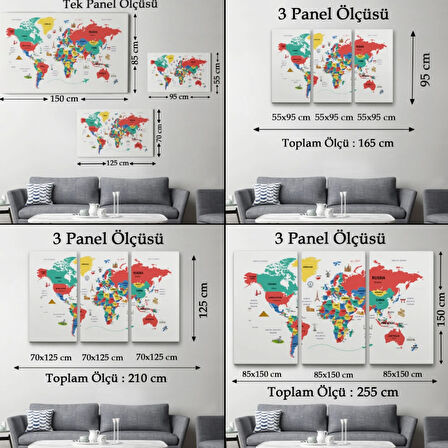 Ülke Başkent Sembollü Eğitici İngilizce Dünya Haritası Dekoratif Kanvas Tablo, Duvar Dekoru 2315