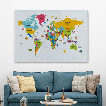 Ülke Başkent Sembollü Eğitici İngilizce Dünya Haritası Dekoratif Kanvas Tablo, Duvar Dekoru 2317