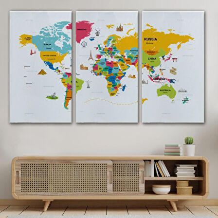 Ülke Başkent Sembollü Eğitici İngilizce Dünya Haritası Dekoratif Kanvas Tablo, Duvar Dekoru 2317