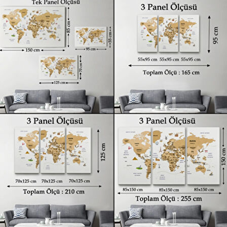 Ülke Başkent Sembollü Eğitici İngilizce Dünya Haritası Dekoratif Kanvas Tablo, Duvar Dekoru 2317