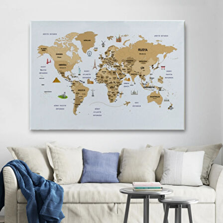 Ülke Başkent Sembollü Eğitici Türkçe Dünya Haritası Dekoratif Kanvas Tablo, Duvar Dekoru 2322