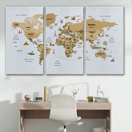 Ülke Başkent Sembollü Eğitici Türkçe Dünya Haritası Dekoratif Kanvas Tablo, Duvar Dekoru 2322