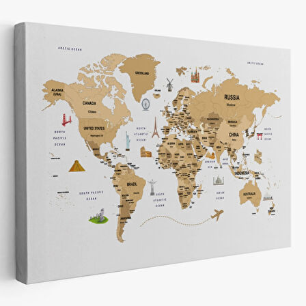 Ülke Başkent Sembollü Eğitici İngilizce Dünya Haritası Dekoratif Kanvas Tablo, Duvar Dekoru 2323