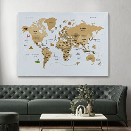 Ülke Başkent Sembollü Eğitici İngilizce Dünya Haritası Dekoratif Kanvas Tablo, Duvar Dekoru 2323