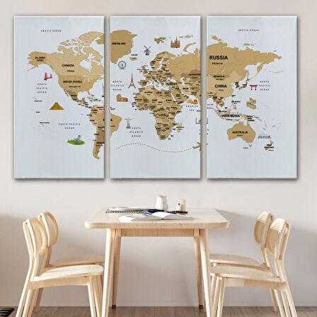 Ülke Başkent Sembollü Eğitici İngilizce Dünya Haritası Dekoratif Kanvas Tablo, Duvar Dekoru 2323