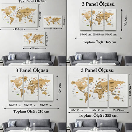 Ülke Başkent Sembollü Eğitici İngilizce Dünya Haritası Dekoratif Kanvas Tablo, Duvar Dekoru 2323
