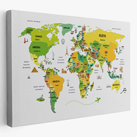 Ülke Başkent Sembollü Eğitici Türkçe Dünya Haritası Dekoratif Kanvas Tablo, Duvar Dekoru 2324