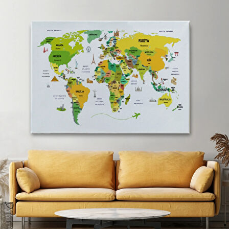 Ülke Başkent Sembollü Eğitici Türkçe Dünya Haritası Dekoratif Kanvas Tablo, Duvar Dekoru 2324