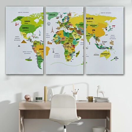 Ülke Başkent Sembollü Eğitici Türkçe Dünya Haritası Dekoratif Kanvas Tablo, Duvar Dekoru 2324