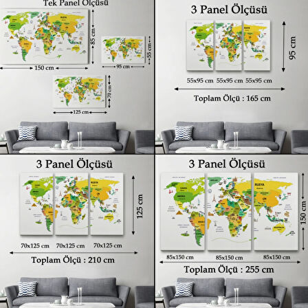Ülke Başkent Sembollü Eğitici Türkçe Dünya Haritası Dekoratif Kanvas Tablo, Duvar Dekoru 2324